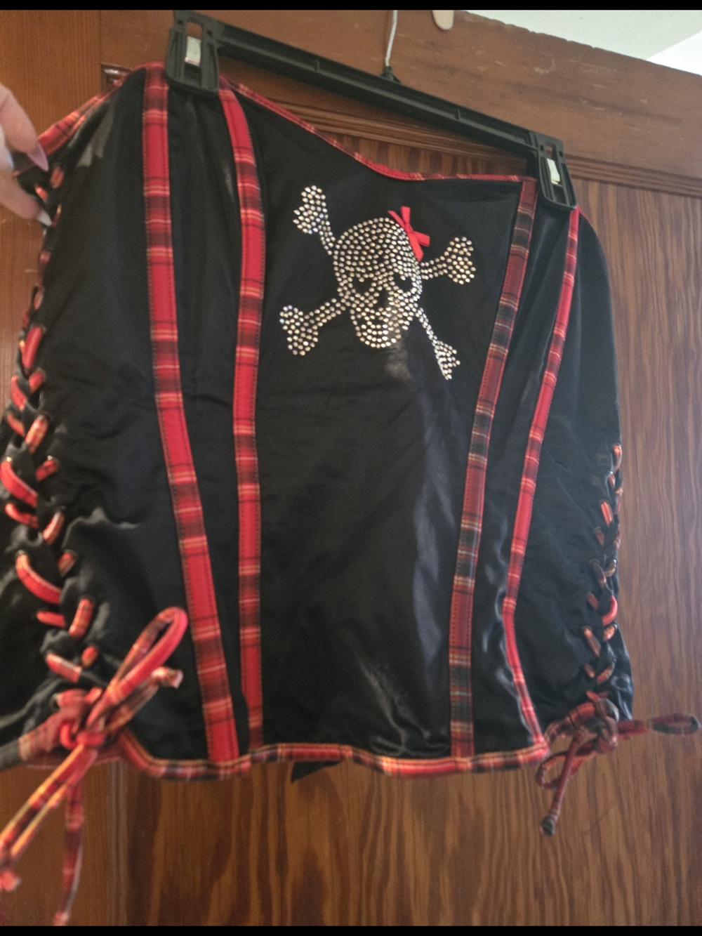 Black Corset with Red Plaid Trim and Rhinestone Skull